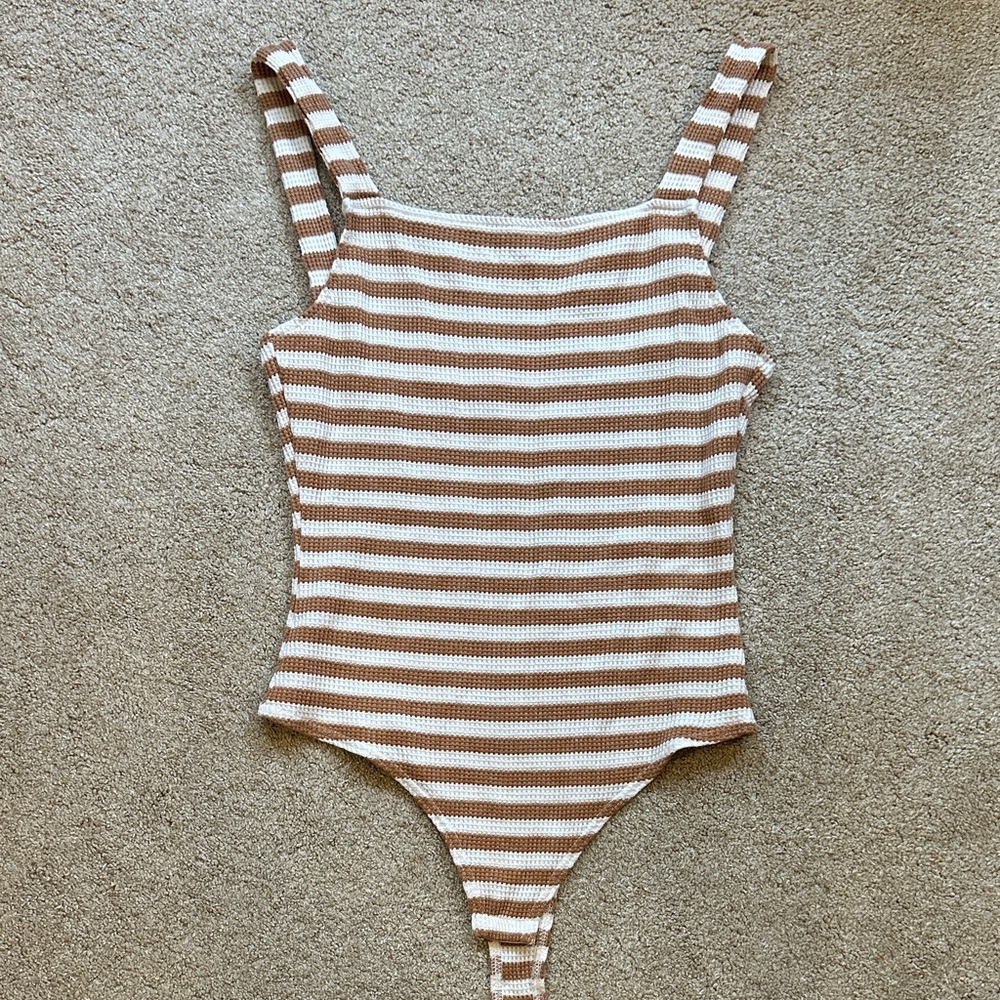 Pink Lily Brown and White Striped Bodysuit